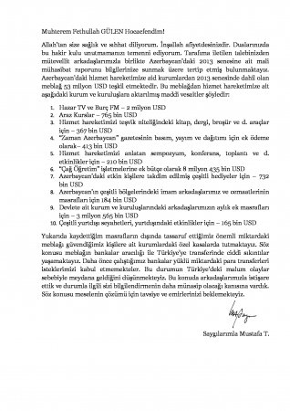Azərbaycan nurçularının Fətullah Gülən qarşısında şok maliyyə hesabatı Azərbaycan nurçularının Fətullah Gülən qarşısında şok maliyyə hesabatı
