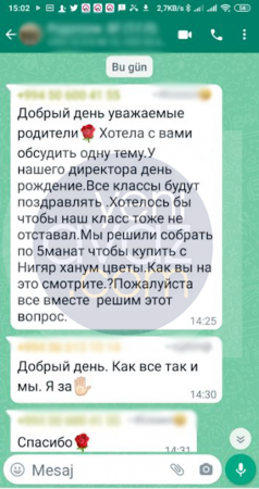 Texniki-Humanitar liseydə valideynlərdən direktorun ad gününə pul yığılır Texniki-Humanitar liseydə valideynlərdən direktorun ad gününə pul yığılır